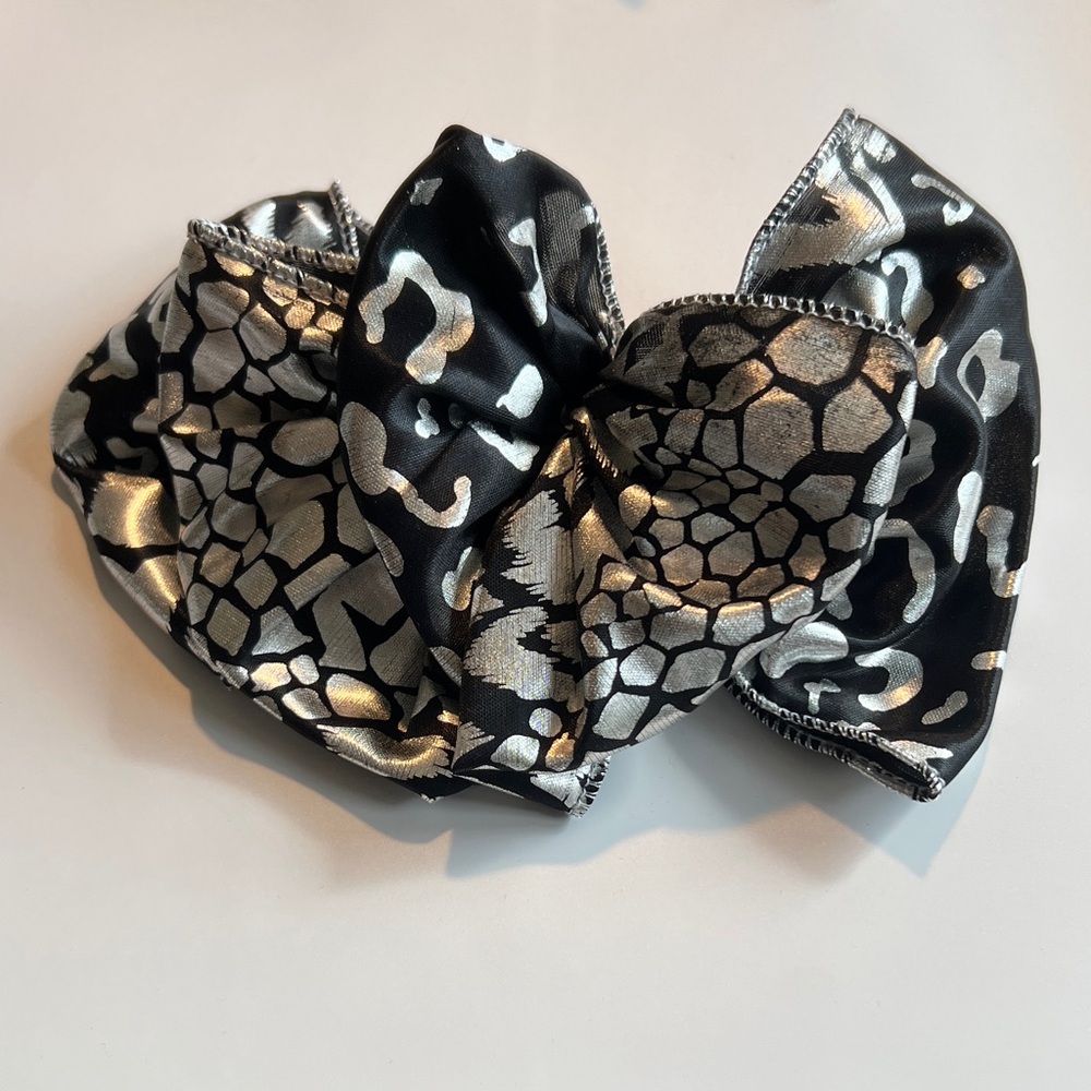 Vintage 80s 90s Goth Big Puffy Satin Fabric Black and Silver Hair Bow Barrette